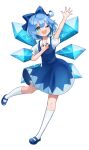  1girl arm_up bangs blue_bow blue_dress blue_eyes blue_footwear blue_hair blush bow bowtie cirno collar collared_shirt dress eyebrows_visible_through_hair hair_between_eyes hand_on_own_chest hands_up highres ice ice_wings leg_up looking_up machimo one_eye_closed open_mouth puffy_short_sleeves puffy_sleeves red_bow red_bowtie shirt shoes short_hair short_sleeves simple_background smile socks solo standing standing_on_one_leg teeth touhou white_background white_legwear white_shirt wings 