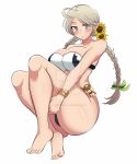  1girl azmi_yudista bikini breasts closed_mouth feet fire_emblem fire_emblem_fates fire_emblem_heroes flower grey_eyes grey_hair hair_flower hair_ornament highres key large_breasts looking_at_viewer nina_(fire_emblem) smile solo swimsuit white_background 