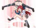  2girls bangs black_legwear blue_hair breasts bunji check_commentary commentary_request hair_bun hair_intakes half_updo kinniku_buster long_hair love_live! love_live!_sunshine!! medium_breasts miniskirt multiple_girls panties pink_panties red_hair sakurauchi_riko school_uniform short_sleeves sidelocks signature skirt thighhighs tsushima_yoshiko underwear uranohoshi_school_uniform wrestling 