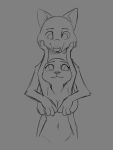  2020 3:4 anthro canid canine disney duo ears_down female fox fur grey_background judy_hopps lagomorph leporid male mammal monochrome nick_wilde nude pivoted_ears rabbit red_fox simple_background smile standing tggeko zootopia 