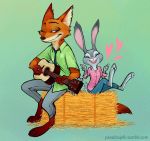  &lt;3 anthro barefoot bottomwear buckteeth canid canine clothed clothing disney duo female fox fully_clothed fur gradient_background green_background grey_body grey_fur guitar holding_guitar judy_hopps lagomorph leporid male mammal musical_instrument necktie nick_wilde one_eye_closed open_mouth open_smile orange_body orange_fur pants paradoxjelli playing_guitar playing_music plucked_string_instrument rabbit red_fox shirt simple_background sitting smile string_instrument teeth text topwear url zootopia 