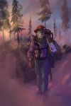  2017 2:3 anthro armor backpack boots bottomwear canid canine canis chainsaw clothed clothing detailed_background digital_media_(artwork) dirty domestic_dog dust eyewear filthy footwear forest fur gear gloves goggles grey_body grey_fur handwear hard_hat harness headgear helmet holding_chainsaw holding_object husky kerchief looking_at_viewer lumberjack male mammal marsonaut nordic_sled_dog pants power_tool scarf smoke solo spitz sunset tools tree walking 