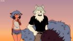  16:9 2020 anthro blue_body blue_fur blue_hair brand_new_animal brown_body brown_fur canid canine canis clothed clothing comic duo female fluffy fluffy_tail fox-pop fur hair hi_res huge_tail male mammal michiru_kagemori raccoon_dog shirou_ogami studio_trigger tanuki topwear widescreen wolf 