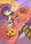  1girl :d absurdres animal bat black_hair blue_eyes chihuahua chikuwa_(yurucamp) dog domino_mask elbow_gloves file112056 gloves halloween hat highres jack-o&#039;-lantern lying mask on_back one_eye_closed open_mouth pumpkin saitou_ena short_hair sleeveless smile striped striped_legwear thighhighs white_gloves witch_hat yurucamp zettai_ryouiki 