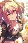  1girl azur_lane bangs black_jacket blush breasts bremerton_(azur_lane) cleavage cup disposable_cup fukai_ryosuke grey_skirt highres holding holding_cup jacket jewelry large_breasts leaf licking_lips long_hair long_sleeves looking_at_viewer mole mole_on_breast multicolored_hair necklace one_eye_closed pink_eyes pink_hair sitting skirt smile streaked_hair thighs tongue tongue_out twintails 