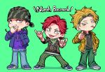  3boys bandana braid chibi cornrows douan_kazusato earrings fang fox_shadow_puppet full_body green_background green_pants gyozaz hand_in_pocket highres hypnosis_mic hypnosis_mic:_rule_the_stage jacket jewelry kokuri_ryouzan male_focus multiple_boys necklace pants pink_eyes red_eyes red_hair ring sanagi_kenei shoes simple_background smile sneakers tattoo yellow_eyes yellow_jacket 