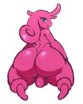 2018 absurd_res alien alien_humanoid backsack balls big_butt blush butt genitals green_eyes hi_res humanoid kneeling looking_at_viewer looking_back male nude pink_body pink_skin puwa smile solo sssonic2 thick_thighs wide_hips 