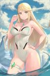  1girl bangs bare_shoulders blonde_hair breasts chest_jewel choker cleavage covered_navel gem j@ck large_breasts long_hair mythra_(xenoblade) one-piece_swimsuit solo strapless strapless_swimsuit swept_bangs swimsuit thigh_strap very_long_hair xenoblade_chronicles_(series) xenoblade_chronicles_2 yellow_eyes 