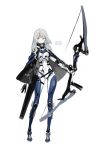  1girl absurdres arrow_(projectile) black_capelet bow_(weapon) capelet cyberpunk gloves grey_hair highres holding holding_bow_(weapon) holding_weapon long_hair mechanical_arm original parted_lips purple_eyes quiver simple_background sketch solo soyoong_jun standing weapon white_background white_skin 