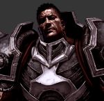  1boy armor black_eyes black_hair breastplate closed_mouth cropped darius_(league_of_legends) face grey_background highres league_of_legends male_focus pauldrons realistic scar scar_across_eye scratches seung_eun_kim shoulder_armor simple_background solo upper_body 