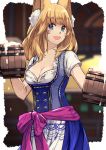  1girl animal_ear_fluff animal_ears barmaid beer_mug blonde_hair blue_eyes border breasts character_request cleavage copyright_request cup foam highres looking_at_viewer medium_breasts medium_hair mug oji_(nyantyu081) outside_border purple_ribbon ribbon smile solo white_border 