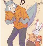  2020 ?! anthro beastars canid canine canis clothed clothing comic cross-popping_vein duo eden_fries fluffy fluffy_tail fully_clothed fur haru_(beastars) hi_res holding_plush lagomorph legoshi_(beastars) leporid looking_at_another mammal rabbit simple_background tan_background vein wolf 