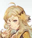  1girl ahoge blonde_hair circlet diadem fire_emblem fire_emblem_fates fire_emblem_heroes grey_eyes headshot looking_at_viewer one_eye_closed ophelia_(fire_emblem) smile solo sparkle sparkling_eyes teeth umiu_geso v white_background 