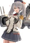  1girl bangs beret blue_eyes blush breasts epaulettes eyebrows_visible_through_hair gloves grey_hair grey_skirt hair_between_eyes hands_on_own_chest hat heart highres kantai_collection kashima_(kantai_collection) long_hair long_sleeves medium_breasts military military_uniform mizuki_eiru_(akagi_kurage) open_mouth pleated_skirt rigging simple_background skirt solo twintails uniform white_background white_gloves 