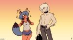  16:9 2020 anthro blue_hair bottomwear brand_new_animal brown_body brown_fur canid canine clothed clothing comic female fluffy fluffy_tail fox-pop fur group hair hi_res human male mammal michiru_kagemori raccoon_dog shirou_ogami studio_trigger tanuki topwear widescreen 