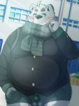  2020 3:4 anthro blush bulge clothing fur humanoid_hands kemono male mammal menmen_kesinn overweight overweight_anthro overweight_male scarf shirt solo topwear underwear ursid white_body white_fur 