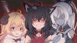  3girls ahoge animal_ear_fluff animal_ears asacoco bangs bare_shoulders black_hair black_hoodie blonde_hair bow braid breasts cleavage cleavage_cutout clothing_cutout collarbone commentary_request elf evil_smile eyebrows_visible_through_hair fingerless_gloves fox_ears fox_girl gloves grey_skin grin hair_between_eyes hair_bow hair_ornament hairclip hand_on_another&#039;s_head highres hololive hood hoodie horns kurokami_fubuki long_hair looking_at_viewer medium_breasts multiple_girls open_mouth pointy_ears ponytail red_background sheep_girl sheep_horns shiranui_flare shirt sidelocks single_braid smile syringe tsunomaki_watame vinhnyu virtual_youtuber white_hair white_shirt 