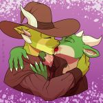  1:1 anthro bodily_fluids claws clothed clothing digital_media_(artwork) duo eyes_closed horn kissing kobold male male/male messy open_mouth prismanoodle_(artist) reptile saliva saliva_on_tongue saliva_string scalie simple_background tongue 