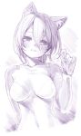  1girl android animal_ear_fluff animal_ears blush breasts cat_ears cleavage collarbone commentary eyebrows_visible_through_hair greyscale hair_between_eyes head_tilt highres hololive kemonomimi_mode looking_at_viewer medium_breasts monochrome navel nosir_onadat open_mouth roboco-san short_hair simple_background smile solo traditional_media upper_body virtual_youtuber white_background 