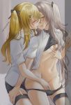  2girls black_panties blonde_hair blush breasts brown_hair closed_eyes dress_shirt fingering girls_frontline groin hand_on_another&#039;s_thigh highres monokuro_(sekahate) multiple_girls no_bra no_pants panties pussy_juice shirt small_breasts thighs tongue tongue_out twintails ump45_(girls_frontline) ump9_(girls_frontline) underwear yellow_eyes yuri 