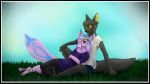  2018 anthro black_border black_bottomwear black_clothing black_pants blue_hair blue_markings border bottomwear canid canine clothing cuddling digital_media_(artwork) duo female fox fur grass grey_body grey_fur hair hi_res highlights_(coloring) inner_ear_fluff junijoobs looking_at_viewer looking_up_at_partner male mammal markings orange_eyes outside pants pink_body pink_fur purple_clothing purple_highlights purple_sweater purple_topwear sweater topwear tuft yellow_eyes 