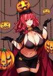  1girl absurdres bikini bikini_top body_writing breast_tattoo breasts brown_background candy cape chain cleavage collarbone commentary_request earrings eyebrows_visible_through_hair food front-tie_bikini front-tie_top gloves halloween hecatia_lapislazuli highres huge_breasts jack-o&#039;-lantern jewelry looking_at_viewer navel open_mouth pointy_ears pumpkin raptor7 red_eyes red_hair skull_tattoo smile solo swimsuit tattoo thighhighs thighs touhou wavy_hair 