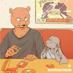  1:1 2020 anthro beastars clothed clothing duo eating eden_fries eye_contact fan_character female food fries fur furniture grey_body grey_fur holding_food holding_object inside lagomorph leporid looking_at_another male mammal rabbit shirt sitting table topwear ursid 