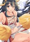  1girl bangs black_hair breasts brown_eyes cheerleader clothes_writing eyebrows_visible_through_hair hair_between_eyes hair_ornament hairclip haruna_(kantai_collection) headgear highres kantai_collection long_hair medium_breasts midriff miniskirt mizuta_kenji navel one_eye_closed open_mouth pom_poms simple_background skirt sleeveless solo sweat translation_request twitter_username white_background 