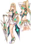  arms_behind_head arms_up ass back bangs bare_shoulders blonde_hair breasts chest_jewel cleavage cleavage_cutout clothing_cutout dress earrings elbow_gloves faulds full_body gloves hinot jewelry large_breasts long_hair multiple_views mythra_(xenoblade) ponytail short_dress simple_background swept_bangs sword thigh_strap tiara tying_hair very_long_hair weapon white_background white_dress white_footwear white_gloves xenoblade_chronicles_(series) xenoblade_chronicles_2 yellow_eyes 