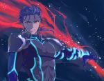  1boy armor blue_hair bodysuit closed_mouth cu_chulainn_(fate)_(all) earrings fate/extra fate_(series) gae_bolg iz_izhara jewelry long_hair male_focus muscle outstretched_arm pauldrons pectorals polearm ponytail red_eyes shoulder_armor signature skin_tight smile solo spiked_hair type-moon weapon 