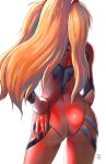  1girl ass bangs blush bodysuit cowboy_shot english_commentary eyebrows_visible_through_hair finalcake from_behind gloves hair_ornament hand_on_hip highres long_hair looking_at_viewer neon_genesis_evangelion orange_hair plugsuit red_bodysuit red_gloves signature simple_background skin_tight solo souryuu_asuka_langley standing two_side_up white_background 