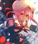  1girl adapted_turret beret black_serafuku blurry cannon cowboy_shot depth_of_field droplet flower gradient_hair hair_flower hair_ornament harusame_(kantai_collection) hat highres kantai_collection long_hair looking_at_viewer machinery multicolored_hair pink_hair red_eyes school_uniform serafuku side_ponytail solo sunday_aki turret water_drop white_headwear 