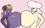  anthro big_breasts blonde_hair bovid breast_squish breasts breasts_frottage canid canine canis caprine comparing dogslickingsoda domestic_dog duo female female/female freckles fur hair horn huge_breasts hyper hyper_breasts mammal nude purple_body sheep simple_background size_difference smile soda_(dogslickingsoda) squish white_hair yellow_body 
