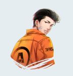  1boy bandaid bandaid_on_face black_eyes black_hair clothes_writing commentary_request cropped_torso grey_background jacket lips looking_at_viewer looking_back male_focus mito_youhei moonjjj orange_jacket parted_lips short_hair simple_background slam_dunk solo upper_body 