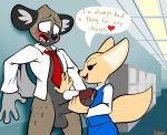  2020 aggressive_retsuko anthro anthro_on_anthro balls big_penis blush bodily_fluids bottomless canid canine clothed clothed_sex clothing dialogue dress_shirt duo english_text erection female fennec fenneko fox genital_fluids genitals glans haida handjob hi_res humanoid_genitalia humanoid_penis hyaenid inside interspecies larger_male male male/female mammal necktie nervous open_clothing open_shirt open_topwear penile penis penis_grab precum protagon sanrio sex shirt size_difference smaller_female spotted_hyena sweat text topwear 