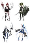  4girls absurdres animal_ears arrow_(projectile) bandaged_arm bandages bare_shoulders black_capelet black_jacket black_legwear black_neckwear blue_eyes blue_hair blush bow_(weapon) capelet closed_mouth cyberpunk dog_tags eyebrows_visible_through_hair fake_animal_ears gauntlets gloves green_hair grey_hair hair_between_eyes hand_on_hip high_heels highres holding holding_bow_(weapon) holding_polearm holding_shield holding_spear holding_sword holding_weapon hood hood_up horns id_card injury jacket long_hair mechanical_arm mechanical_tail medium_hair mismatched_legwear multiple_girls navel necktie number off_shoulder open_mouth original oversized_zipper parted_lips polearm purple_eyes quiver red_eyes red_hair scratches see-through sharp_teeth shield simple_background sketch smile soyoong_jun spear standing sword tail teeth thighhighs turtleneck twintails upper_teeth very_long_hair weapon white_background white_skin yellow_eyes zipper zipper_pull_tab 