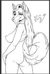  anthro border breasts butt canid canine canis commission_art female grey_border hair keaiga_commission keaigaarts line_art long_hair looking_at_viewer mammal monochrome nipples nude rear_view solo wolf 
