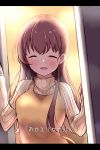  1girl alternate_costume apron beige_sweater brown_hair closed_eyes commentary_request door facing_viewer highres kantai_collection long_hair ooi_(kantai_collection) open_mouth ribbed_sweater smile solo soramuko subtitled sweater translation_request upper_body yellow_apron 
