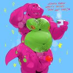  1:1 2020 absurd_res anthro armpit_hair balls barney_and_friends barney_the_dinosaur belly bodily_fluids body_hair burrnie dinosaur english_text genital_fluids genitals green_body hi_res humanoid_genitalia humanoid_penis male moobs musk navel nipples penis precum purple_body reptile right_in_the_childhood scalie solo text 
