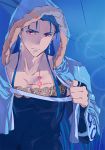 1boy blue_hair breast_tattoo capelet closed_mouth cu_chulainn_(fate)_(all) cu_chulainn_(fate/grand_order) earrings fate/grand_order fate_(series) fur fur-trimmed_hood fur_trim hood hood_up hooded_capelet iz_izhara jewelry long_hair looking_at_viewer male_focus red_eyes ring shiny solo tattoo type-moon vambraces 