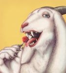 blue_eyes bodily_fluids bovid candy caprine claws dessert drooling fangs female food fur goat hi_res horn liqdra lollipop looking_at_viewer mammal realistic saliva simple_background tongue tongue_out toriel undertale video_games white_body white_fur 