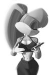  anthro bottomwear breasts buckteeth cellphone cleavage clothed clothing eyelashes eyes_closed female gloves hand_on_breast handwear hi_res lagomorph leporid lola_bunny looking_away looney_tunes mammal midriff monochrome navel pants phone portrait rabbit saransaran shirt solo tank_top teeth three-quarter_portrait tied_ears topwear warner_brothers white_clothing white_gloves 