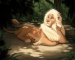  2020 blue_eyes day detailed_background digital_media_(artwork) felid feral forest fur hibbary lion male mammal outside pantherine paws solo tan_body tan_fur tree 
