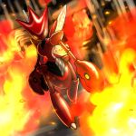  blurry commentary_request fire full_body gen_2_pokemon insect_wings kaosu_(kaosu0905) looking_at_viewer no_humans pincers pokemon pokemon_(creature) scizor shiny solo standing wings yellow_eyes 