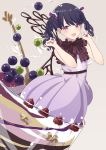  1girl absurdres arms_up bare_arms blue_hair blush bow bowtie brown_neckwear chocolate commentary cup dress feet_out_of_frame food frilled_bow frills fruit fukumaru_koito grapes hair_bow highres idolmaster idolmaster_shiny_colors in_container in_cup in_food looking_at_viewer open_mouth parfait paw_pose pink_background purple_bow purple_dress purple_eyes raspberry shimashi_(mori_no_sato) short_hair short_sleeves simple_background smile solo spoon twintails wavy_hair 