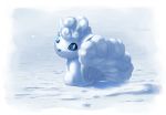  alolan_form alolan_vulpix blue_eyes commentary_request gen_7_pokemon looking_at_viewer looking_back no_humans paw_print pokemon pokemon_(creature) pokemon_tail snow solo supearibu 