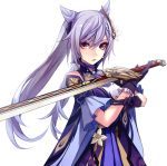  1girl applekun choker dress flower genshin_impact gloves hair_between_eyes highres holding holding_sword holding_weapon keqing long_hair looking_at_viewer purple_hair simple_background solo standing sword twintails upper_body weapon white_background 