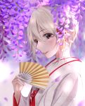  1girl bangs blurry blurry_background brown_eyes eyebrows_visible_through_hair fan flower hair_between_eyes hair_flower hair_ornament hairpin highres holding holding_fan hydrangea idolmaster idolmaster_cinderella_girls japanese_clothes k-chitsu kimono parted_lip petals purple_flower purple_rose red_ribbon ribbon rose shiny shiny_hair shiomi_shuuko short_hair silver_hair smile solo upper_body white_kimono 