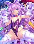  1girl animal_ears azur_lane bangs bare_shoulders blue_eyes blush breasts cat_cutout clothing_cutout detached_collar eyebrows_visible_through_hair fake_animal_ears gloves hair_ribbon hands_up highleg highleg_leotard leotard long_hair looking_at_viewer navel navel_cutout parted_lips partially_visible_vulva paw_gloves paws purple_hair purple_leotard ribbon shiny shiny_skin small_breasts solo spread_legs squatting strapless strapless_leotard sweat tashkent_(azur_lane) tashkent_(muse)_(azur_lane) thighhighs toraishi_666 very_long_hair white_legwear 