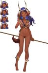  1girl absurdres bag barefoot blue_hair blush braid completely_nude dark_skin expression_chart headdress highres horn_(instrument) horned_headwear jewelry long_hair multiple_braids necklace nude open_mouth original satchel smile stick tan tribal worried yellow_eyes yi_(saver5607) 